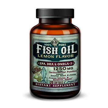 Pure Fish Oil - 1250 mg - EPA & DHA Omega 3 Fatty Acids - Lemon Flavor - Cardiovascular & Cellular Function - Healthy Heart and Joints - 120 Softgels
