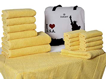 DOLLCENT - 600 GSM 16 PC Towels Set- Jacquard Chevron 100% Combed Cotton Bath Towels Set- 2 Bath Towel 4 Hand Towel 8 Wash Cloths 2 Bath Mats- Cotton Towels Set for Bathroom- Yellow Cotton Bath Towel