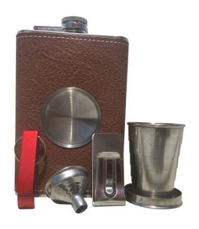 8oz Brown Shot Flask with Bonus Funnel, Money Clip and Keychain, Genuine leather, Stainless Steel