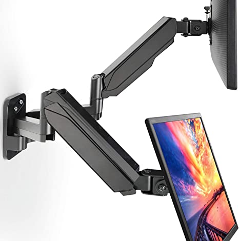 Dual Monitor Wall Mount - Gas Spring Wall-Mounted Stand for 17 to 27 Inch Flat/Curved LCD Screen, Full Motion Adjustable VESA Bracket, Hold up to 17.6lbs Each Arm