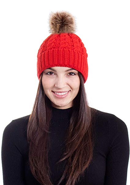 Lullaby Womens Knit Slouchy Winter Warm Faux Fur Pom Pom Beanie Hat