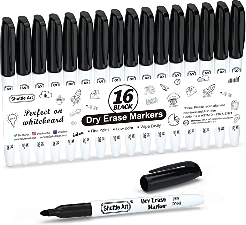 Dry Erase Markers, Shuttle Art 16 Pack Black Whiteboard Markers,Fine Tip Dry Erase Markers for Kids,Perfect for Writing on Whiteboards, Dry-Erase Boards,Mirrors,Calender,School Office Supplies