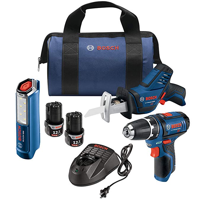 Bosch GXL12V-310B22 12V Max 3 Tool Combo Kit with 3/8" Drill/Driver, Pocket Reciprocating Saw & LED Worklight