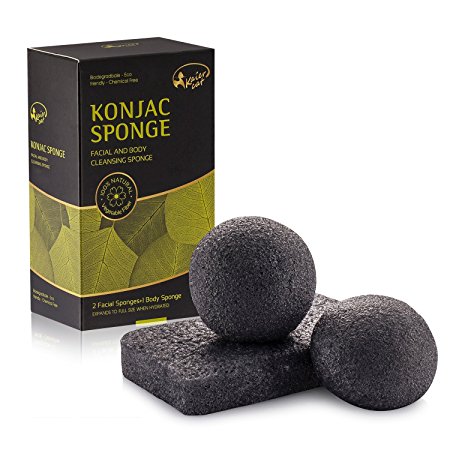 Kaiercat Konjac Facial & Body Sponge 100% Natural, Gentle Exfoliating, Deep Cleansing, for Sensitive, Oily & Acne Prone Skin (Bamboo Charcoal)