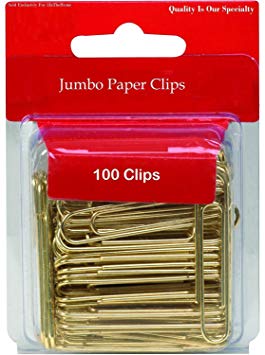 1InTheOffice Jumbo Paper Clips, Gold, Smooth, 100/Pack