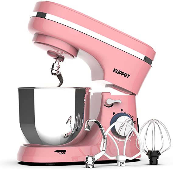 Kuppet Stand Mixers, 380W, 8-Speed Tilt-Head Electiric Food Stand Mixer with Dough Hook, Wire Whip & Beater, Pouring Shield, 4.7QT Stainless Steel Bowl. (Pink)