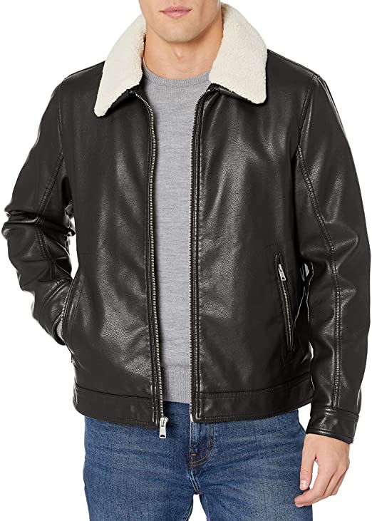 Tommy Hilfiger mens Classic Faux Leather Jacket With Removable Sherpa Collar