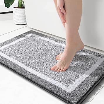 OLANLY Bathroom Rugs, Extra Soft and Absorbent Microfiber Bath Mat, Non-Slip, Machine Washable, Quick Dry Shaggy Bath Carpet, Suitable for Bathroom Floor, Tub, Shower (Grey and White, 24 x 16 Inches)