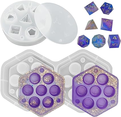 Dice Resin Molds, FineGood 7 Shapes Dice Epoxy Resin Moulds with Hexagon Silicone Storage Box Mould DIY Dice Making Mould Set for Resin Casting Game Board Table Home Decor