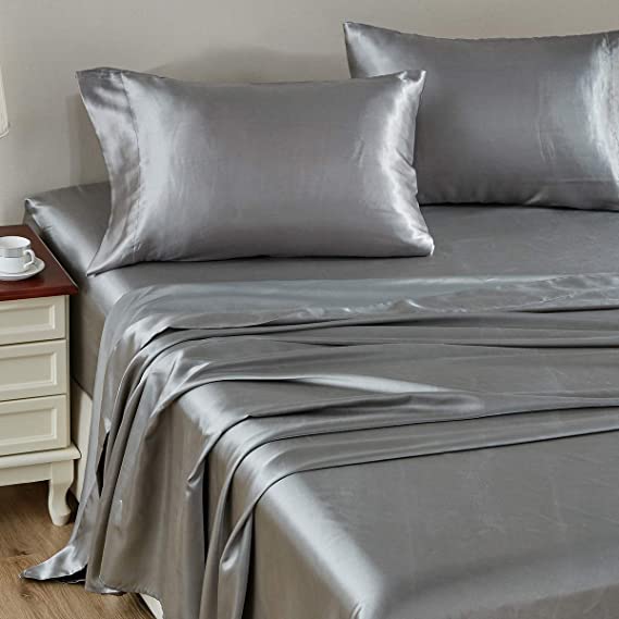 CozyLux Satin Sheets King Size 4-Pieces Silky Sheets Microfiber Light Grey Bed Sheet Set with 1 Deep Pocket Fitted Sheet, 1 Flat Sheet and 2 Pillowcases, Smooth and Soft