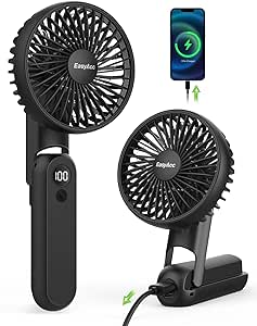 EasyAcc Portable Fan, Max 32 Hour Use LED Power Display MINI Fan Handheld Fan 5 Speed Rechargeable Desk Fan for Travel Outdoor Office Household - Black