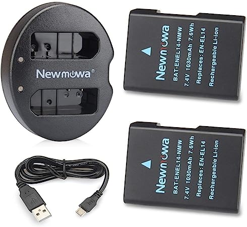 Newmowa EN-EL14 Replacement Battery (2 pack) and Dual USB Charger for Nikon EN-EL14 EN-EL14a Nikon D3100 D3200 D3300 D3400 D3500 D5100 D5200 D5300 D5500 D5600 P7000 P7100 P7700 P7800,Df