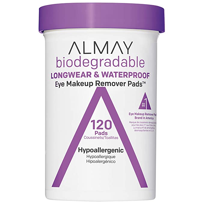 Almay Biodegradable Longwear & Waterproof Eye Makeup Remover Pads, Hypoallergenic, Cruelty Free, Fragrance Free Cleansing Wipes, 120 count