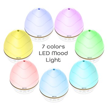 91District 300ml Aroma Essential Oil Diffuser, Electric Mini Ultrasonic Cool Mist Air Humidifier Diffuser - Touch Button, Whisper Quiet, Auto Shut-off, 7 Colors LED Light, Bamboo, White