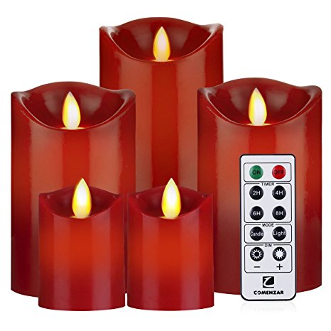 Battery Operated Candles Red Flameless Candles with Remote Timer 24- Hours Flickering Candles Set of 5 for Parties Gifts & Decoration Use(Red)-Comenzar