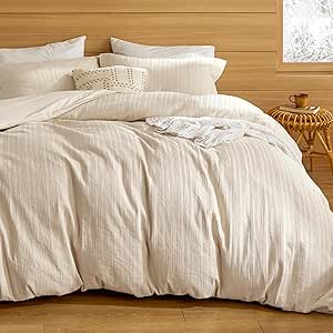 Bedsure Queen Comforter Set - Beige Cotton Bedding Set for All Seasons, Stripe Fluffy Bed Set 3 Pieces with Soft 1 Waffle Weave Comforter Queen Size and 2 Pillow Shams