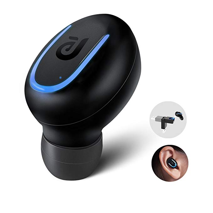 Bluetooth Earbud, Kissral Mini Wireless Headphone Car Headset with USB Charger 6 Hours Talking Time for iPhone and Android (One Piece)- Black