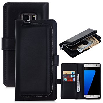 Samsung Galaxy S7 edge Detachable Wallet Case,Soundmae Zipper Cash Storage Multi-function 2-in-1 Magnetic Separable Wallet Case Flip Cover With Credit Card Holder for Samsung Galaxy S7 edge[Black]