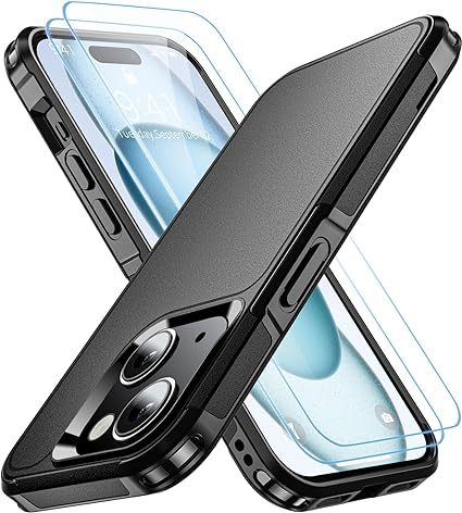 AEDILYS Shockproof for iPhone 15 Case,[15 FT Military Grade Drop Protection],with 2X [Tempered Glass Screen Protector ] with Air Bumpers Full-Body Protective for iPhone 15 Phone Case,Mysterious Black