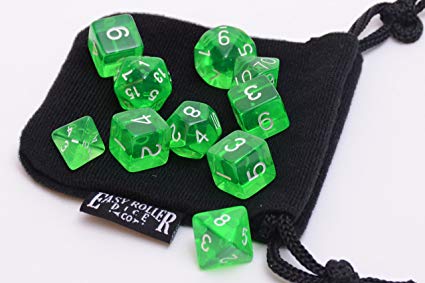 10 Piece Green Translucent Polyhedral Dice Set - Includes Four Six Sided Dice (D6) and Free Small Dice Bag