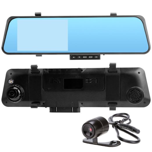 Youzee HD 4.3" 1080P 170°Wide Dual Lens Car Camera Dash Cam G-Sensor Rearview Mirror DVR With Night Flash