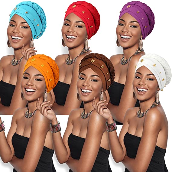 6 Pieces Women African Turban Caps Twisted Braid Beaded Head Wraps Bonnet Beanie Headscarf Solid Color Elastic Wrap Cap for Women (Multi Colors)