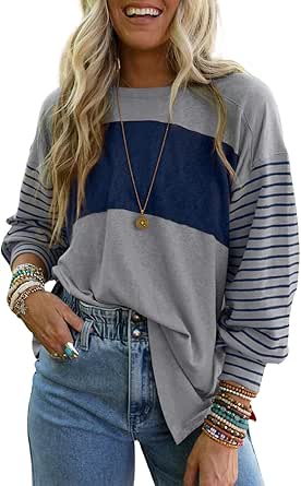 Dokotoo Long Sleeve Fall Tops Oversized 2024 Trendy Round Crew Neck Casual Color Block Womens Shirts Blouses