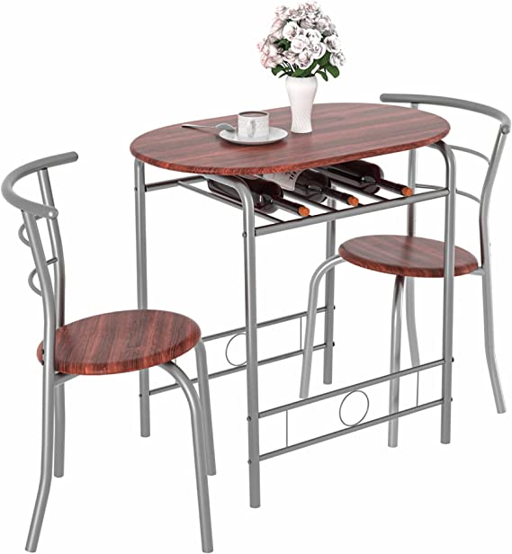 VECELO 3 Piece Wood Round Table & Chair Set for Dining Room Kitchen Bar Breakfast, with Wine Storage Rack, Space Saving, 31.5", Brown and Silver