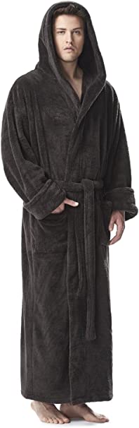 Arus Men's Fleece Robe, Long Hooded Turkish Bathrobe