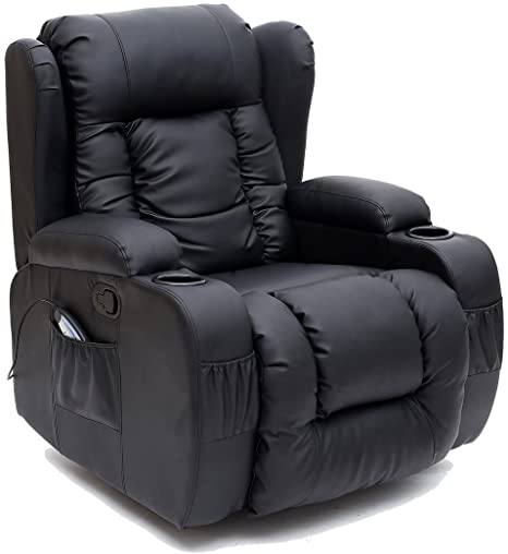 More4Homes CAESAR 10 IN 1 WINGED RECLINER CHAIR ROCKING MASSAGE SWIVEL HEATED GAMING BONDED LEATHER ARMCHAIR (Black)