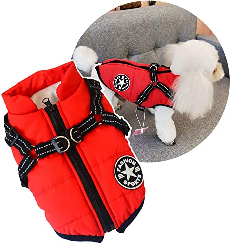Oncpcare Dog Winter Coat Harness, Outdoor Warm Small Dog Jacket, Cold Weather Padded Dog Vest Apparel Clothes for Cats Puppy Small Dogs