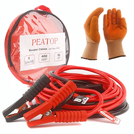 Jumper Cables Heavy Duty 8Gauge 400AMP 10ft Copper Jaw with Carry Bag Safety Gloves (8AWG x 10FT booster cable) by PEATOP
