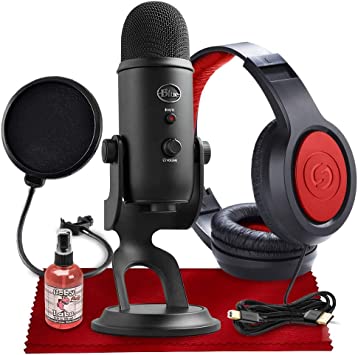 Blue Yeti USB Mic Blackout - Recording & Streaming on PC, Mac, Blue VO!CE Effects, 4 Pickup Patterns, Headphone Output & Volume Control, Mic Gain Control, Adjustable Stand, Plug & Play   Deluxe Bundle