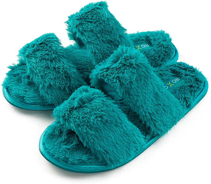 Roxoni Fuzzy House Slippers for Women – Comfortable Furry Spa – Cozy Slip On Open Toe - Soft Insole & Rubber Outsole