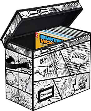 REDSHELL Comic Book Storage Boxes, 15.35" X 7.8" X 12.2" Collapsible Comic Book Case with Handles, Stackable Comic Book Bin with Pattern Comic Short Box Storage to Holds 150-180 Comics, 1 Pack