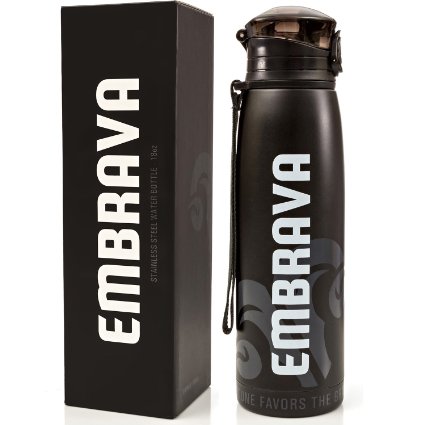 Stainless Steel Water Bottle by Embrava - 18 Ounce - BPA Free - Sweat and Leak Proof w One-Click Swing Top Lid - Double Walled and Insulated - Made for Ice Cold Drinks
