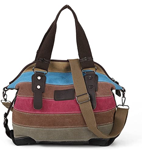 Canvas Purse for Women Hobo Bags Top Handle Crossbody Purses and Handbags Casual Tote Bags with Adjustable Strap Multi-Color Strip-Rainbow1