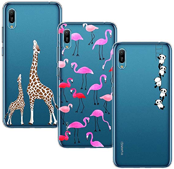 BAOWEI [3 Pack] for Huawei Y6 2019 Case, Ultra Thin Crystal Clear Soft TPU Silicone Case with Stylish Cute Pattern Protective Phone Case Cover for Huawei Y6 2019 - Giraffes, Flamingo & Panda