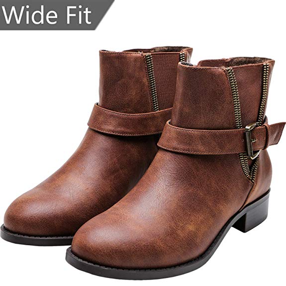 Women's Wide Width Ankle Boots, Chunky Block Low Heel Slip On Buckle Double V-Cut Elastic Cozy Comfortable Work Short Booties.