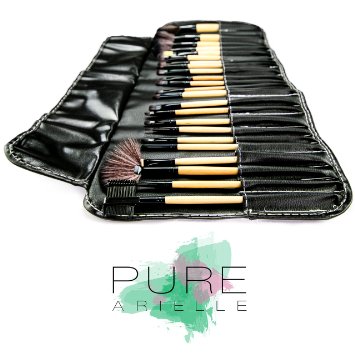 Insane Deal! Ends Today! Pure Arielle Professional 24 Piece All Natural Real Hair Makeup Brush Set - Handle Pcs Cosmetic Beauty Brushes Kit - Make Up Leather Organizer Case / Bag - Not Cheap Synthetic