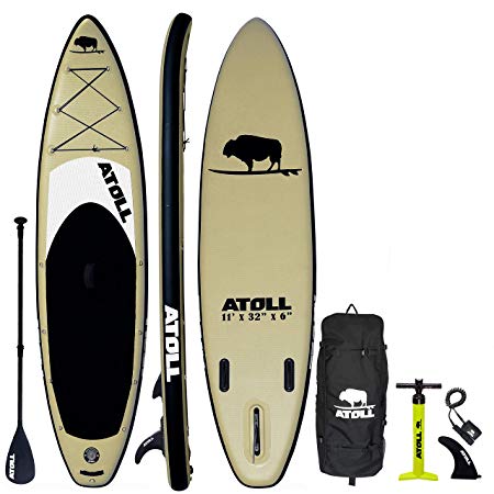 Atoll 11' Foot Inflatable Stand Up Paddle Board (6 Inches Thick, 32 inches Wide) ISUP, Bravo Hand Pump and 3 Piece Paddle, Travel Backpack and Accessories New Paddle Leash Included