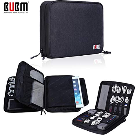 BUBM Travel Cable Organizer,Large Electronics Accessories Bag for Cord, Charger,Plug,SD Card, Hard Drive, Power Bank,9.7 Inch iPad or Tablet(Double Layers,Black)