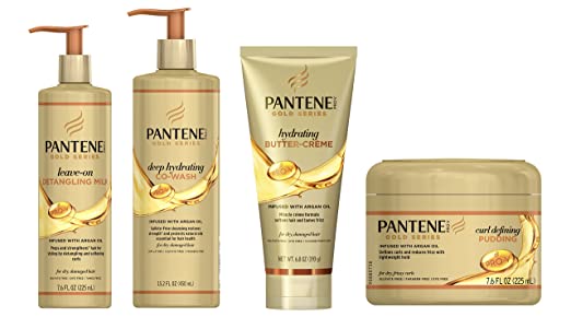 Pantene, Co Wash, Detangling Milk, Butter Cream, and Hair Pudding Treatment Kit, with Argan Oil, Sulfate Free, Pro-V Gold Series, for Natural and Curly Textured Hair