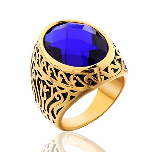 MASOP Jewellery Vintage Mens Stainless Steel CZ Ring Gold Biker Celtic Band Blue Round Stone