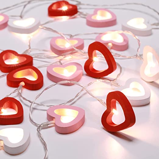 LED Fairy Lights Valentine's Day Wooden Heart Lights Hanging Wooden Love Lights String Lamp Battery Operated Valentine's Day Decoration Light Decorative for Bedroom Wedding (Red White Pink,20 Lights)