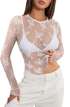 MEROKEETY 2024 Fall Womens Lace Sheer Mesh Long Sleeve Top Crewneck Sexy Y2k See Through Going Out Blouse Shirts