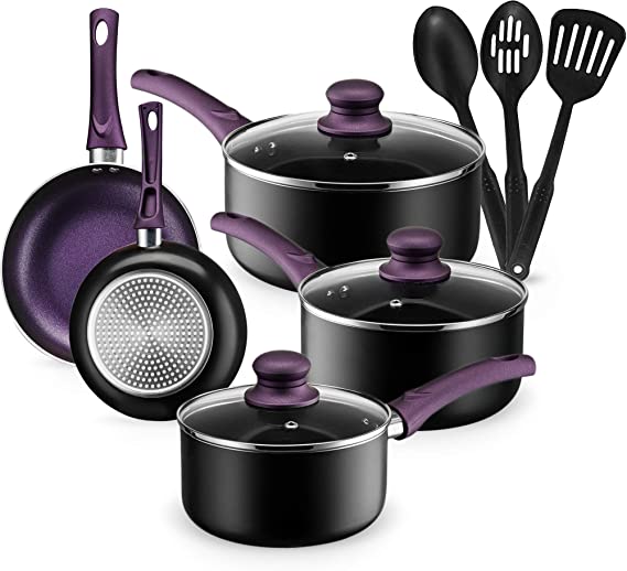 Chef's Star 11 Piece Pots and Pans Set Non-Stick Induction Ready 100% APEO, PFOA and PFOS Free (Purple)