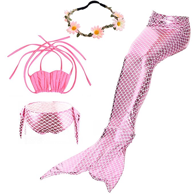 AMENON 3PCS Kids Mermaid Tail Swimsuit Princess Bikini Set Swimwear Can Match Monofin (With Garland)