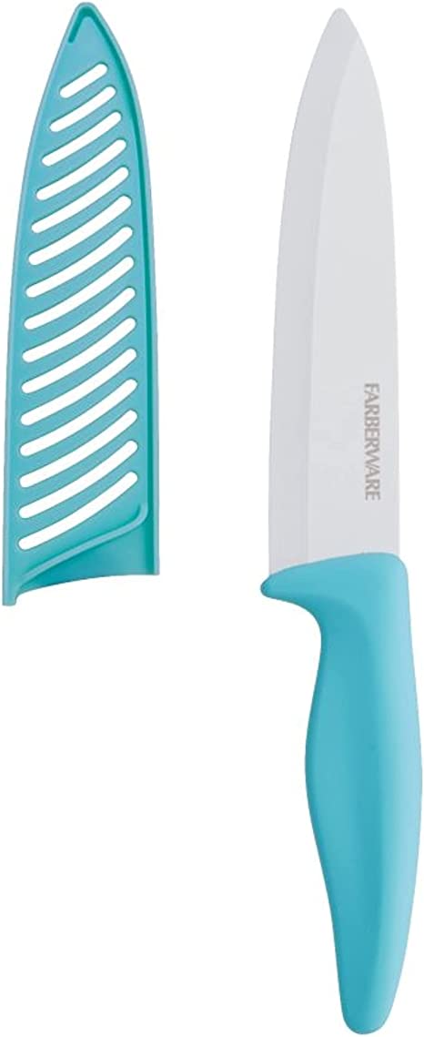 Farberware Ceramic Chef Knife with Custom-Fit Blade Cover, Razor-Sharp Kitchen Knife with Ergonomic Handle, Dishwasher-Safe, 6-inch, Aqua