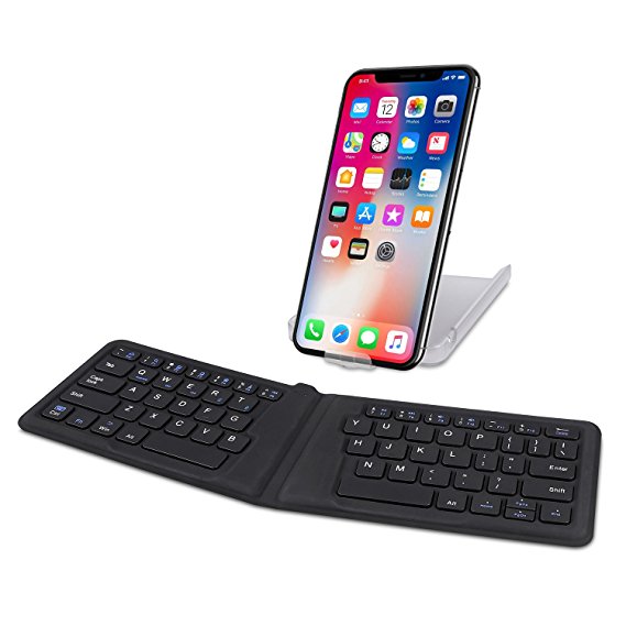 Folding Ergonomic Wireless Keyboard, Raydem Portable Bluetooth Keyboard Rechargeable Ultra Slim Pocket Size with Holder Case for iPhone Android Tablets Smartphones, Designed for Better Typing (Gray)
